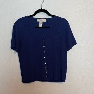Vintage Jones New York Blue Knit Short Sleeve Cardigan Top Mother of Pearl Med